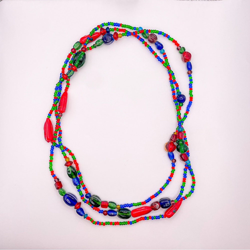 Red and Blue Multi Colored Glass Beaded Long Necklace w/ Varying Sizes
